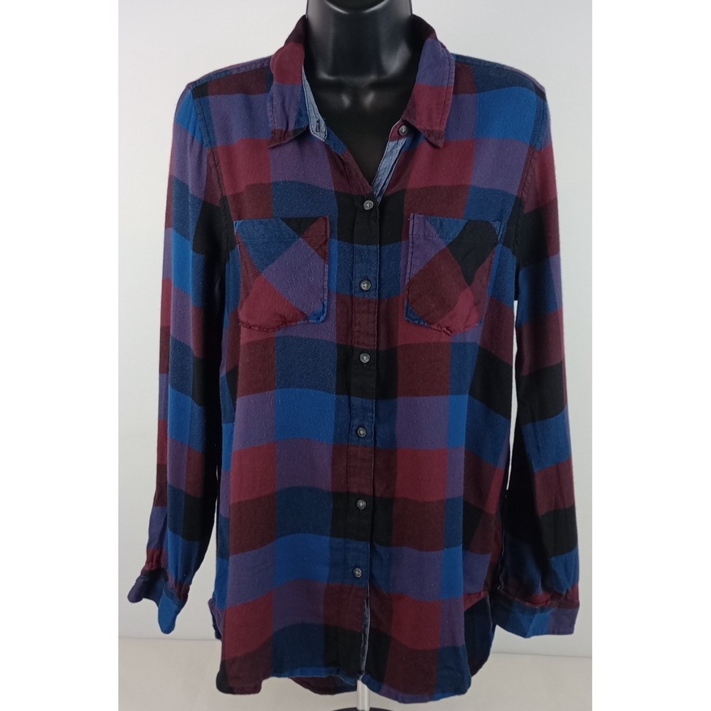 Lucky Brand Women's M Red Blue Black Plaid Long Sleeve Collar Thin Flannel Shirt